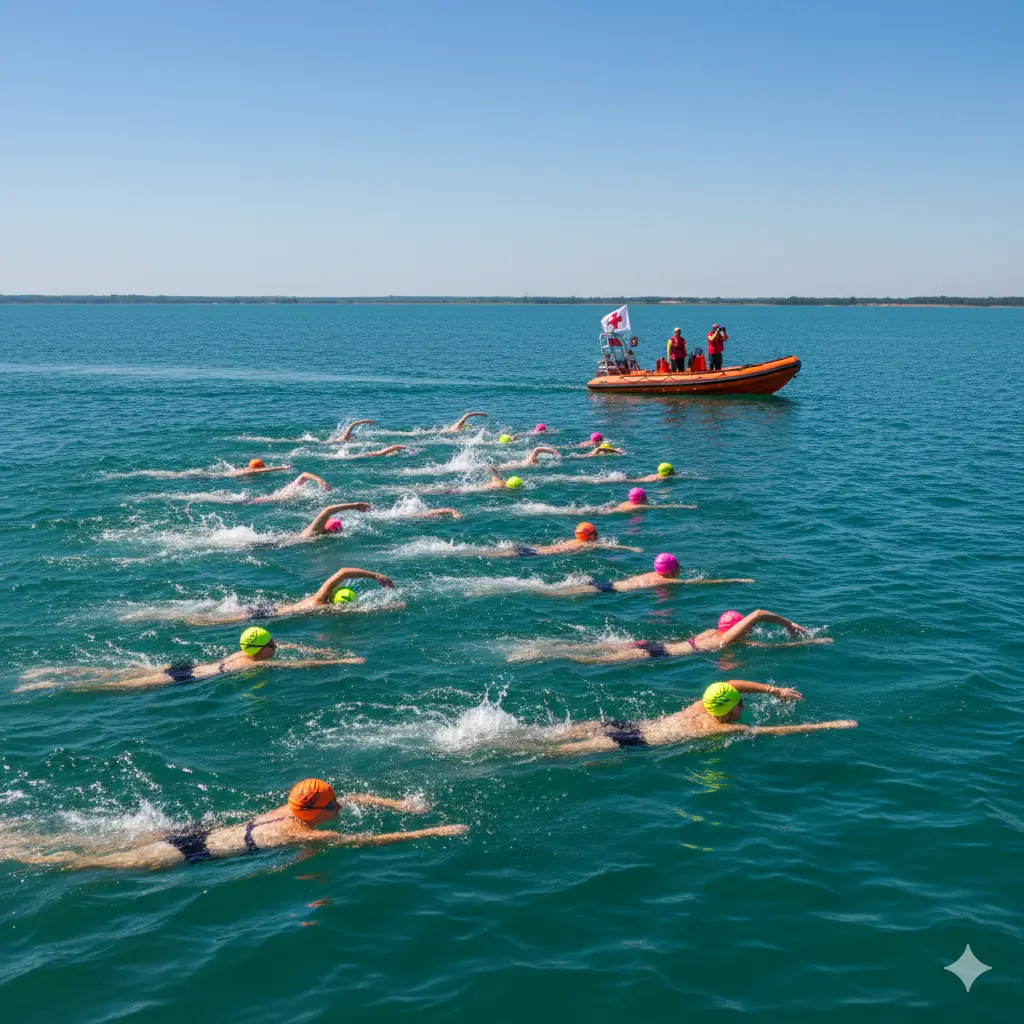 Open water swimmers wearing bright colored swim caps for improved visibility and safety during outdoor swimming competition