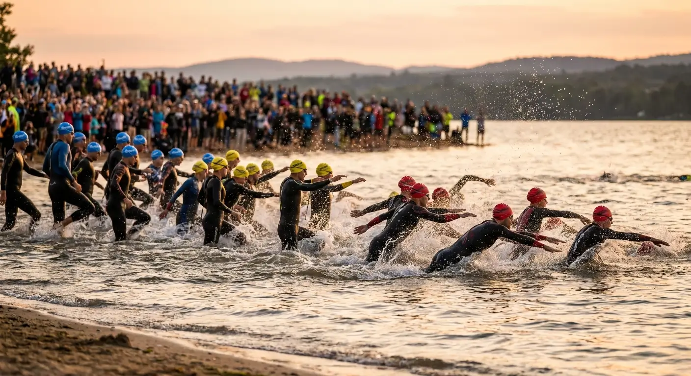 Triatleten met gekleurde gepersonaliseerde badmutsen bij de start van een openwater triatlon
