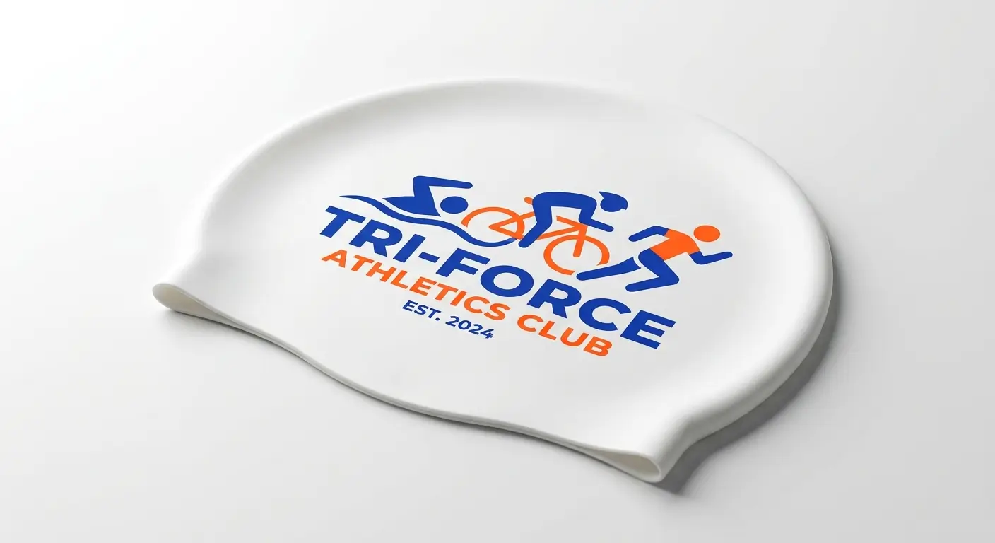 Gepersonaliseerde siliconen zwemmuts met een logo van een triatlonclub, heldere kleuren op een witte achtergrond.