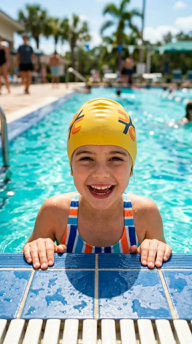 Enfant portant un bonnet de bain silicone personnalisé à la piscine