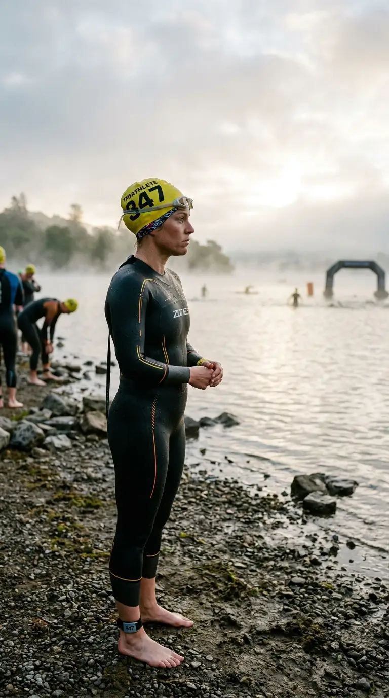 Triatleet met een op maat gemaakte, hoogwaardige siliconen badmuts voor een openwaterrace.