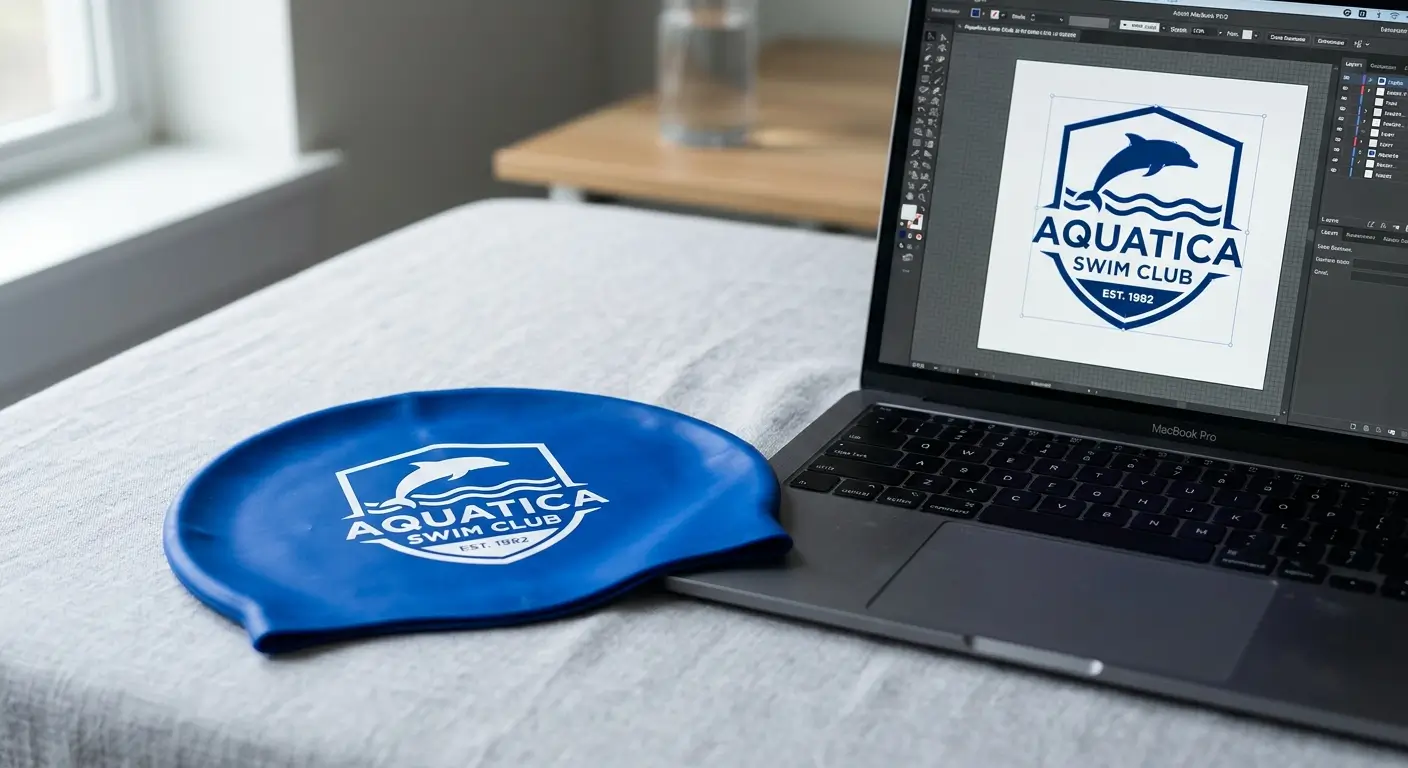 Mockup ontwerp bedrukte siliconen badmuts zwemschool logo gratis visualisatie